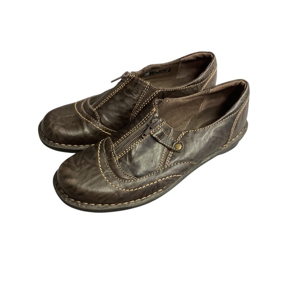 Clarks‎ Leather Loafers Zip Up Comfort Casual Shoes Brown Size 8M Minimalist - Picture 1 of 12